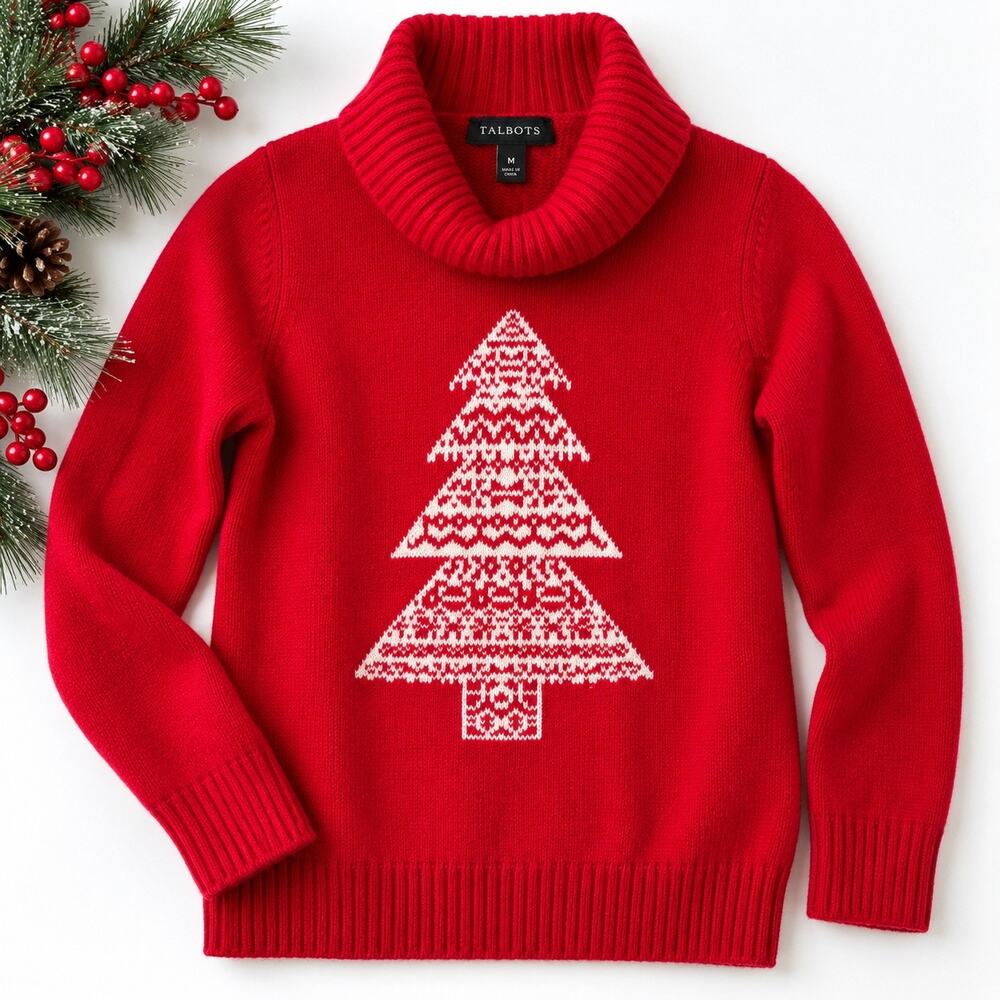 Talbots Red Christmas Tree Sweater Women’s M Turtleneck Fair Isle Holiday Knit